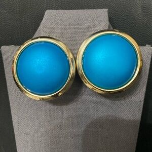 Vintage 80’s Circle Silver Tone & Blue Acrylic button clip-on Earrings